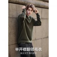 唐狮2026新款男毛衣半开襟毛线衫男士半开胸小格纹肌理翻领潮流