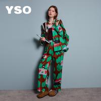 yso【酷猫系列】睡衣女春夏季新款复古印花长袖两件套家居服套装A