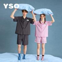 yso【酷猫系列】睡衣女夏棉情侣套装男女条纹气质休闲简约家居服B