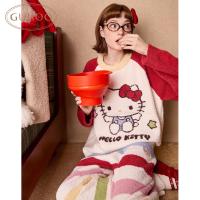 Gukoo/果壳睡衣女冬季HelloKitty新年红半边绒家居服套装D