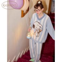 Gukoo/果壳新款半边绒保暖睡衣女秋冬可爱卡通家居服冬套装D