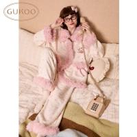 Gukoo/果壳睡衣冬季毛绒保暖新款迪士尼毛毛领女士家居服套装D