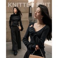 【针织两件套】秋季复古优雅不对称袖口线衫披肩高领罩衫女针织衫