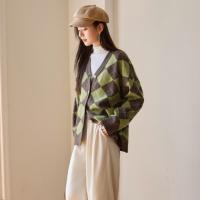 【文艺知识分子】秋季复古风菱格V领开衫慵懒风软糯针织衫女上衣