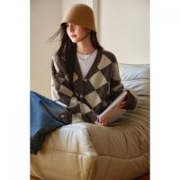 【文艺知识分子】秋季复古风菱格V领开衫慵懒风软糯针织衫女上衣