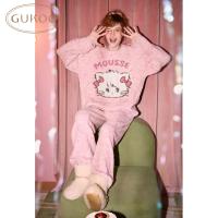 Gukoo/果壳mikko联名半边绒睡衣女秋冬保暖可爱卡通家居服套装D