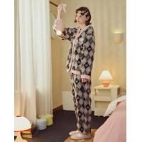 【mikko系列】睡衣女秋冬加绒加厚菱形格外穿家居套装