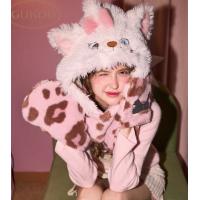 Gukoo/果壳帽子冬季毛绒保暖围脖手套一体新款玛丽猫联名女士帽子