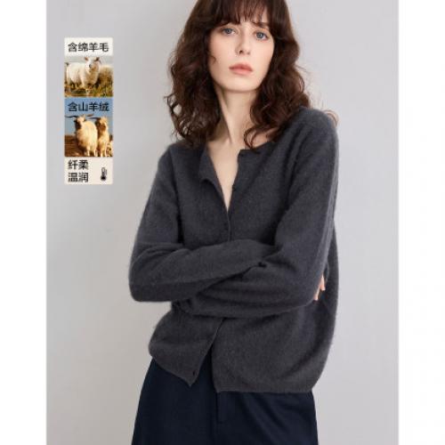 德玛纳【绵羊毛山羊绒混纺】冬季御寒保暖圆领拉毛线衫显瘦针织衫女高级G541320357902