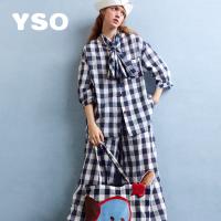 yso【酷猫系列】睡衣女春夏款复古格纹双层纱宽松文艺家居服套装A