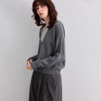 德玛纳【含蓬松绵羊毛】秋季假两件撞色条纹连帽线衫高级感针织衫女上衣G541320346301