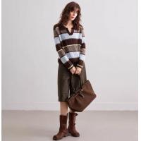 德玛纳【蓬松绵羊毛】秋季文艺学院翻领拼色条纹宽松显瘦针织衫女高级感G541320346902